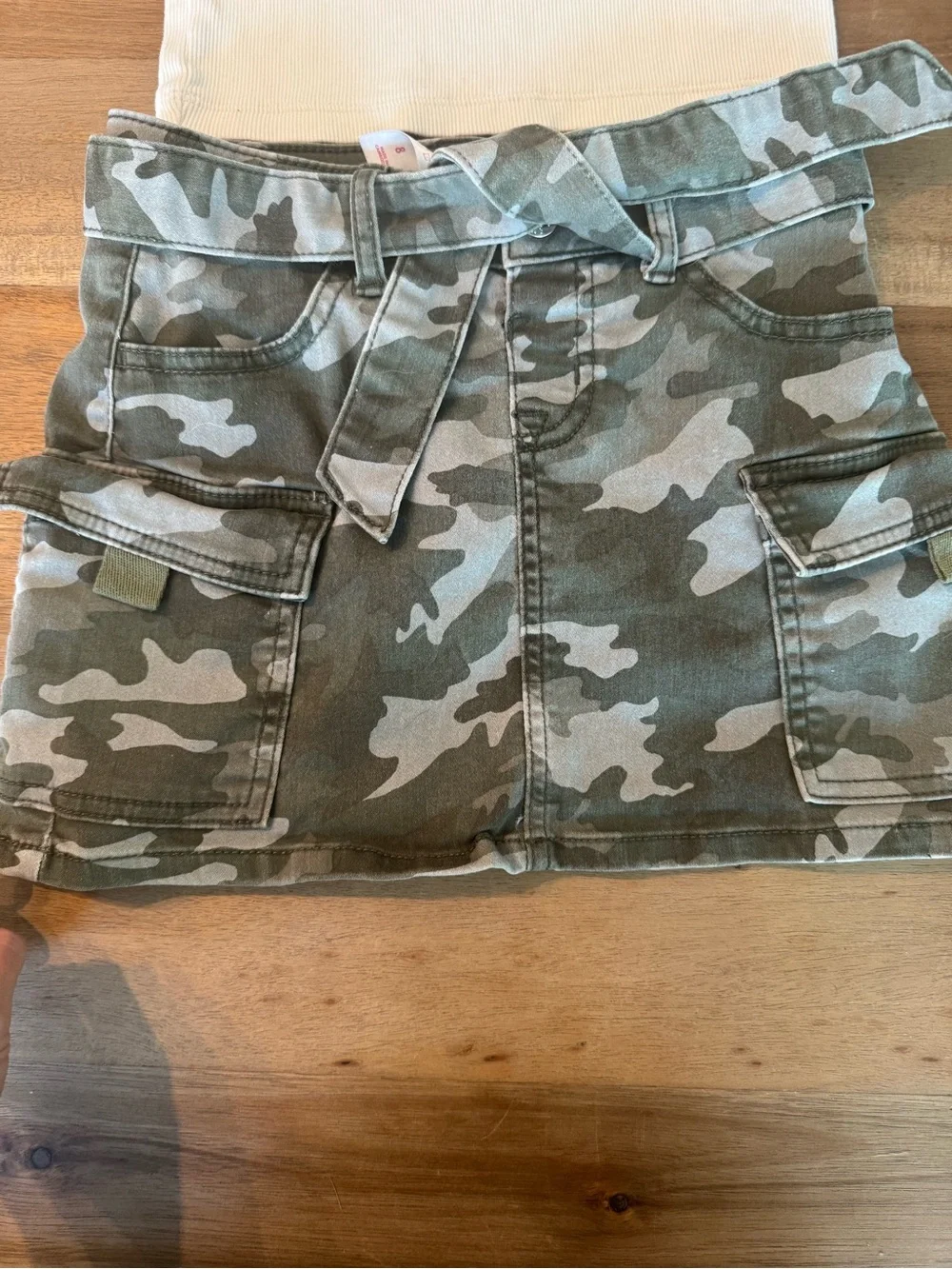 Kids Cream Ribbed Square-Neck Top and Camo Skirt Set